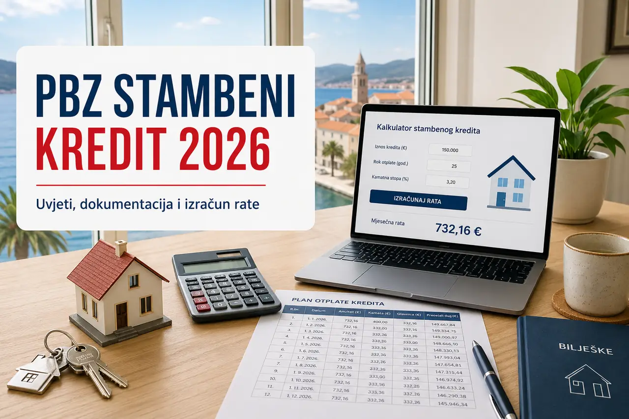 PBZ stambeni kredit 2026 s kalkulatorom rate, dokumentacijom i planom otplate na stolu
